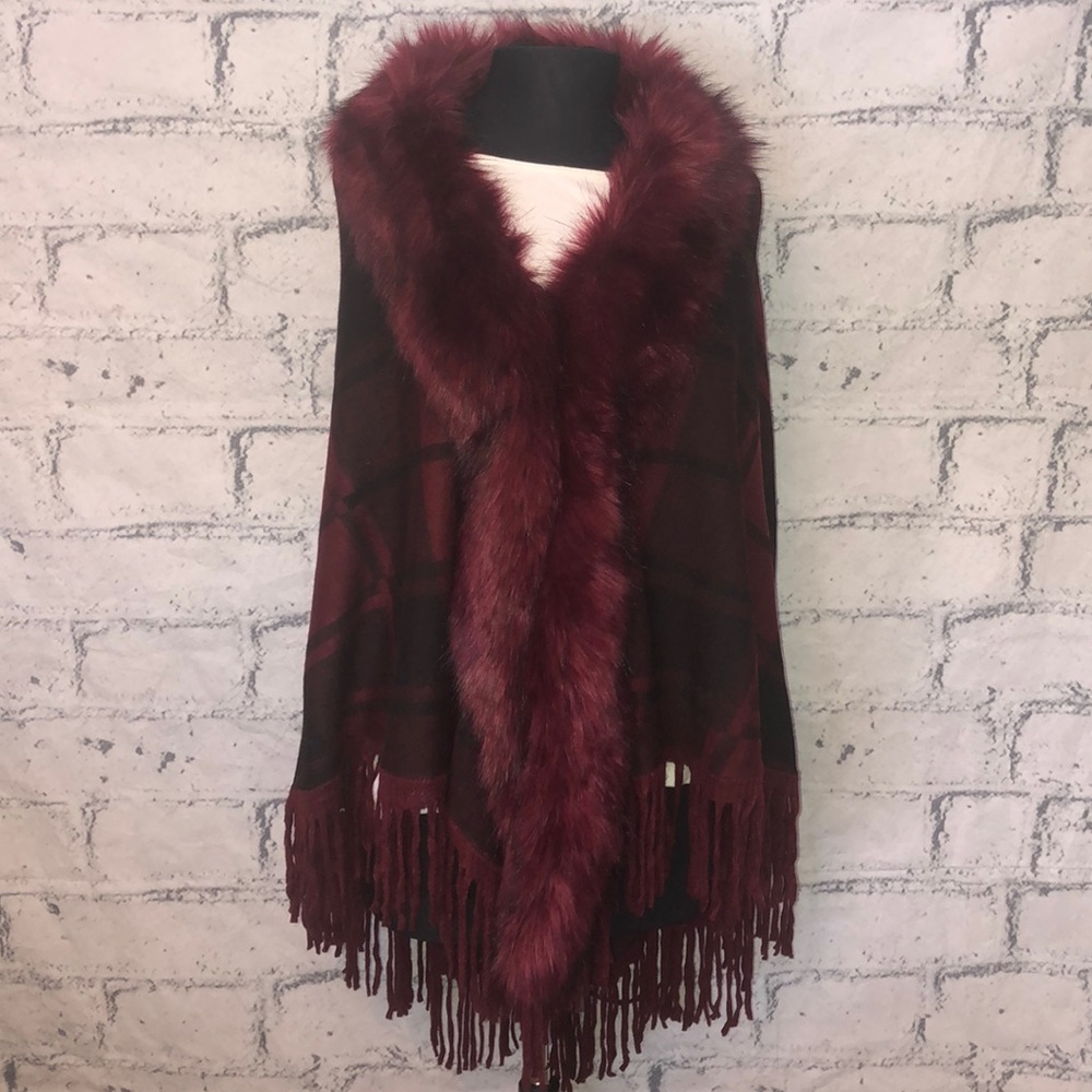 g brand Faux Fur & Plaid Shawl with Fringe
